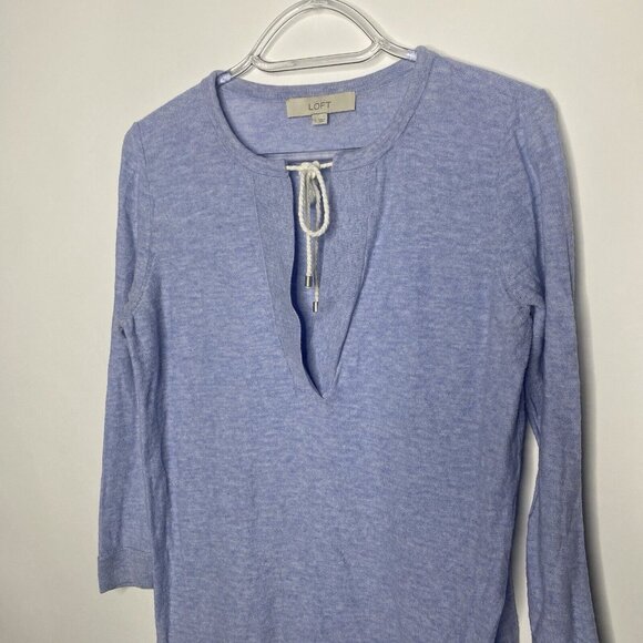 LOFT Sweater Women S Light Blue V-neck Drawstring Long Sleeve Slit Hem - Picture 10 of 11